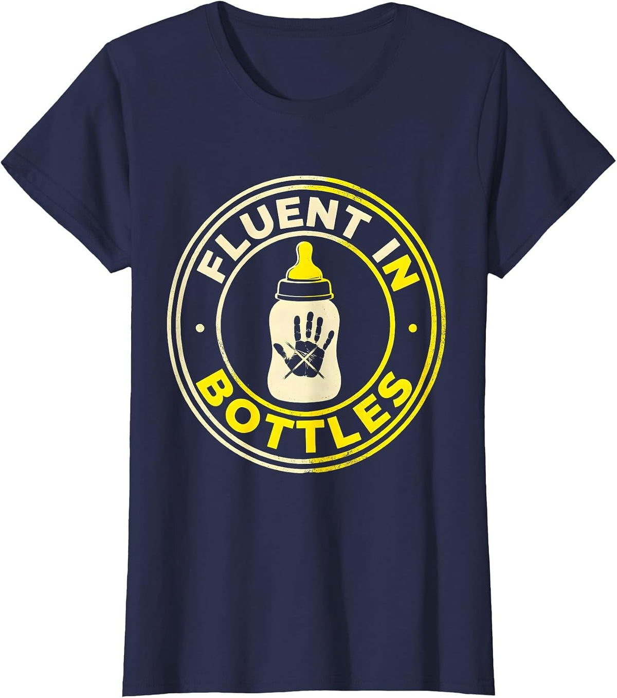 Women's Fluent In Bottles Stencil Graphic Childcare Teacher Daycare T-Shirt - Navy Blue