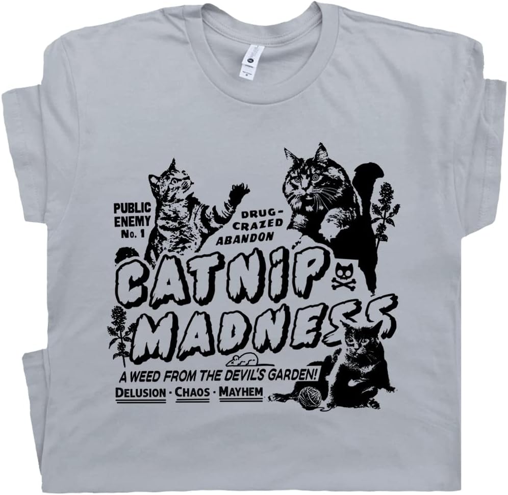 Catnip Madness T Shirt Funny Cat Shirts for Men Women Cute Reefer Retro Tee - Gray