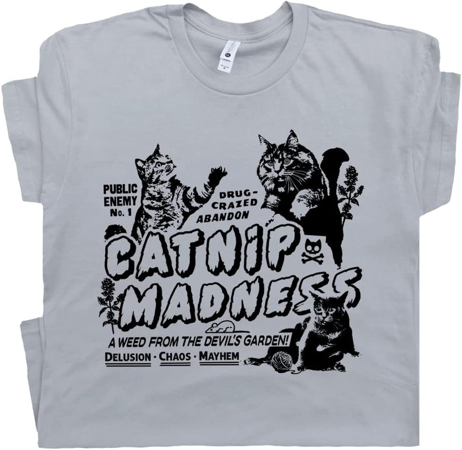 Catnip Madness T Shirt Funny Cat Shirts for Men Women Cute Reefer Retro Tee - Gray