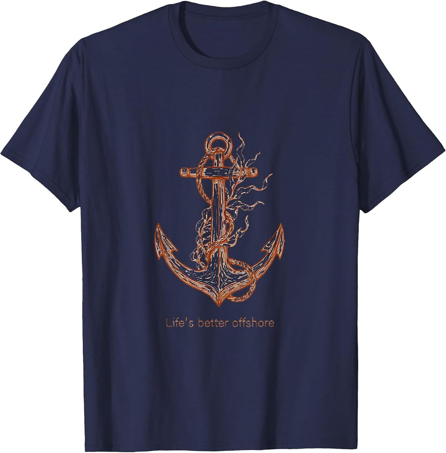 Life's Better Offshore Pirate Adventure Design T-Shirt - Navy Blue