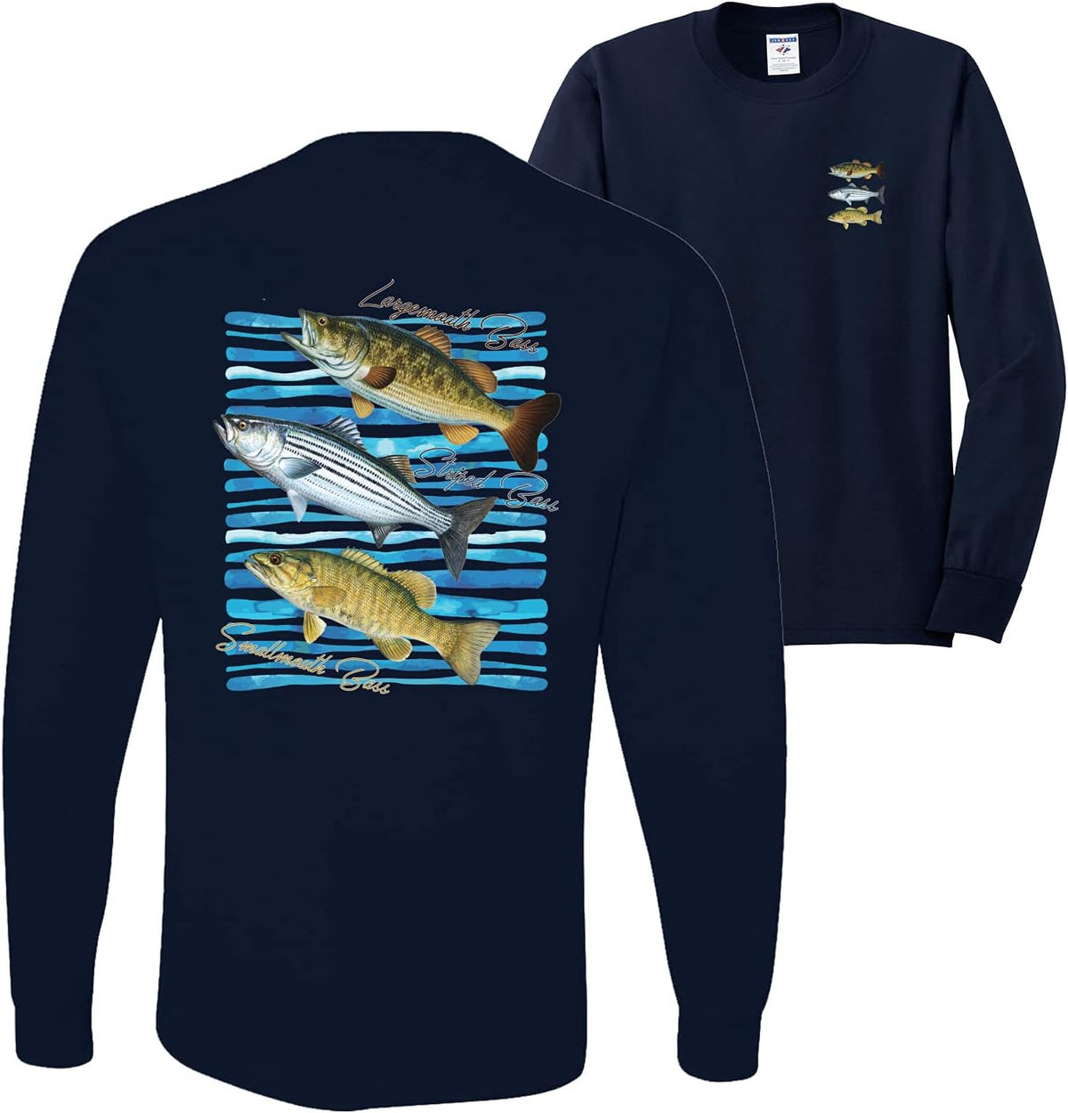 Largemouth Striped Smallmouth Big Bass Fish Fishing Front and Back Mens Long Sleeve Shirt - Navy