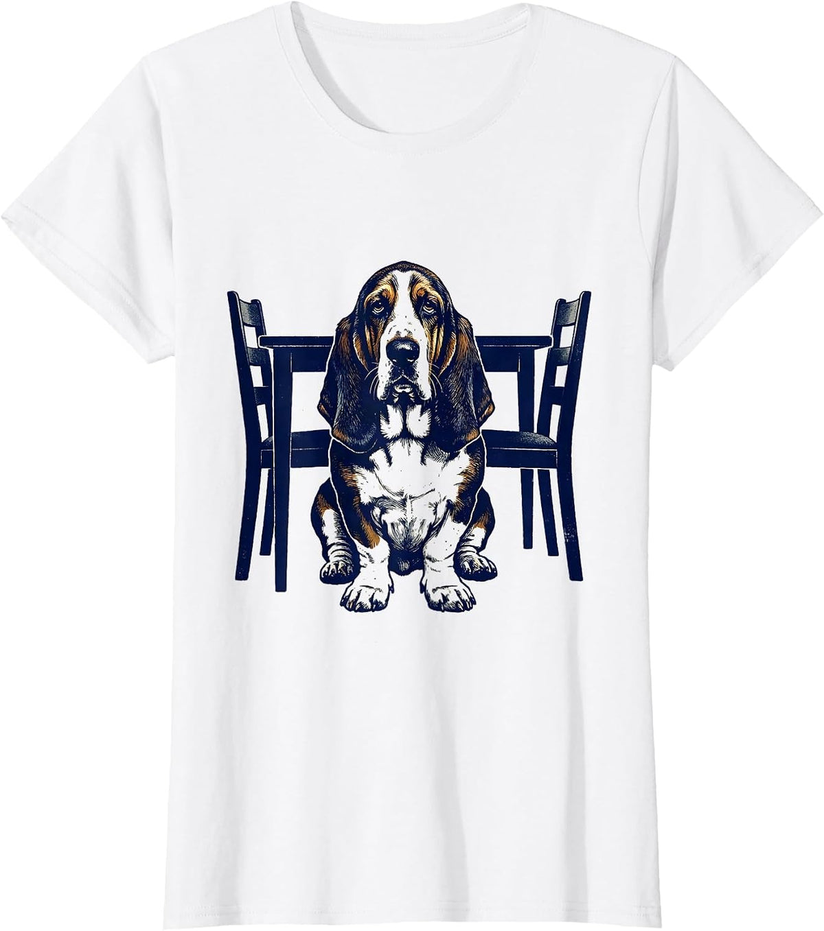 Basset Hound Under Table Rubber Stamp Humor Dog Lover T-Shirt - White