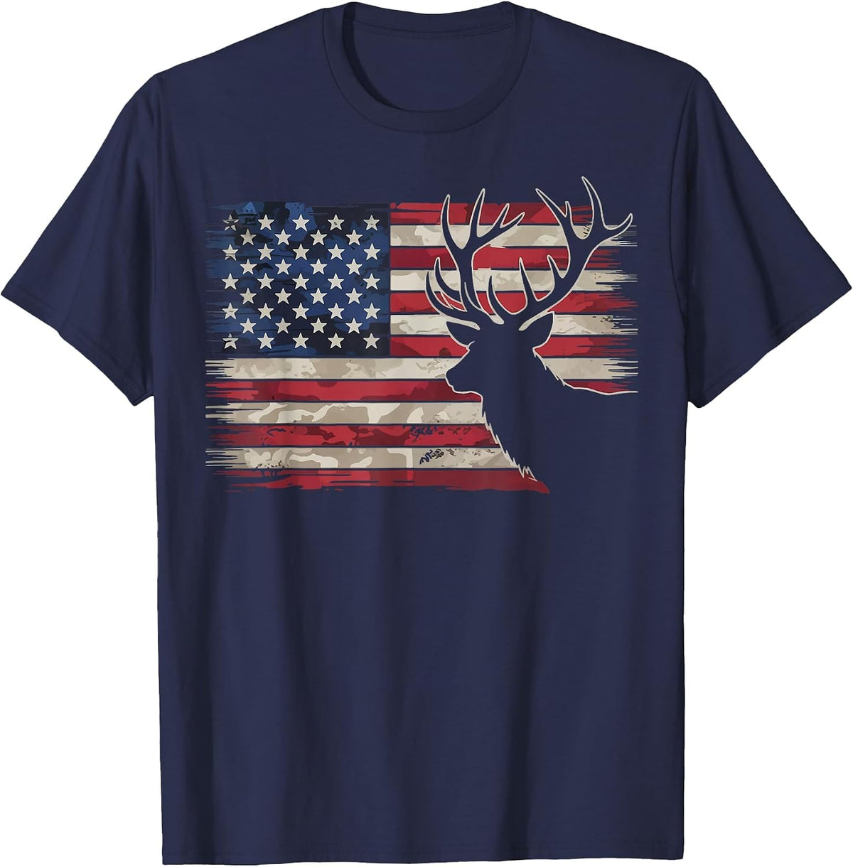 Deer Hunting Hunter US Flag T-Shirt - Navy Blue