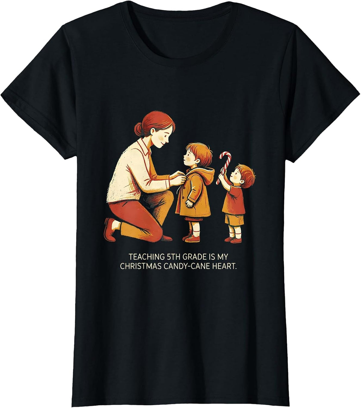Teaching 5th Grade Is My Christmas Candy-Cane Heart Teacher T-Shirt - Black