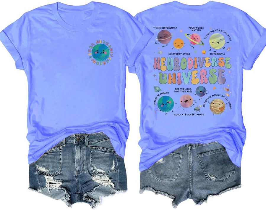 Neurodiverse Universe Shirt V Neck Tshirt Space Neurodiversity Shirt Unisex Funny T-Shirt - Crewneck Carolina Blue