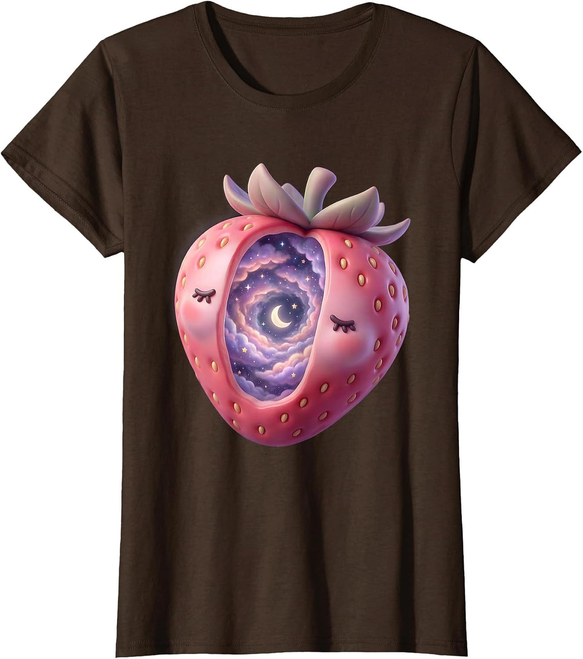 Women's Cosmic Strawberry Galaxy Universe Illustration T-Shirt - Brown