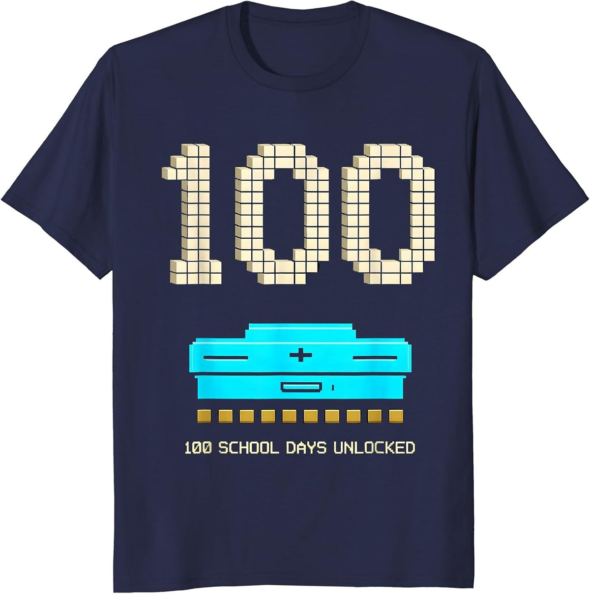 100 School Days Unlocked Pixel Art Gamer School Celebration T-Shirt - Navy Blue