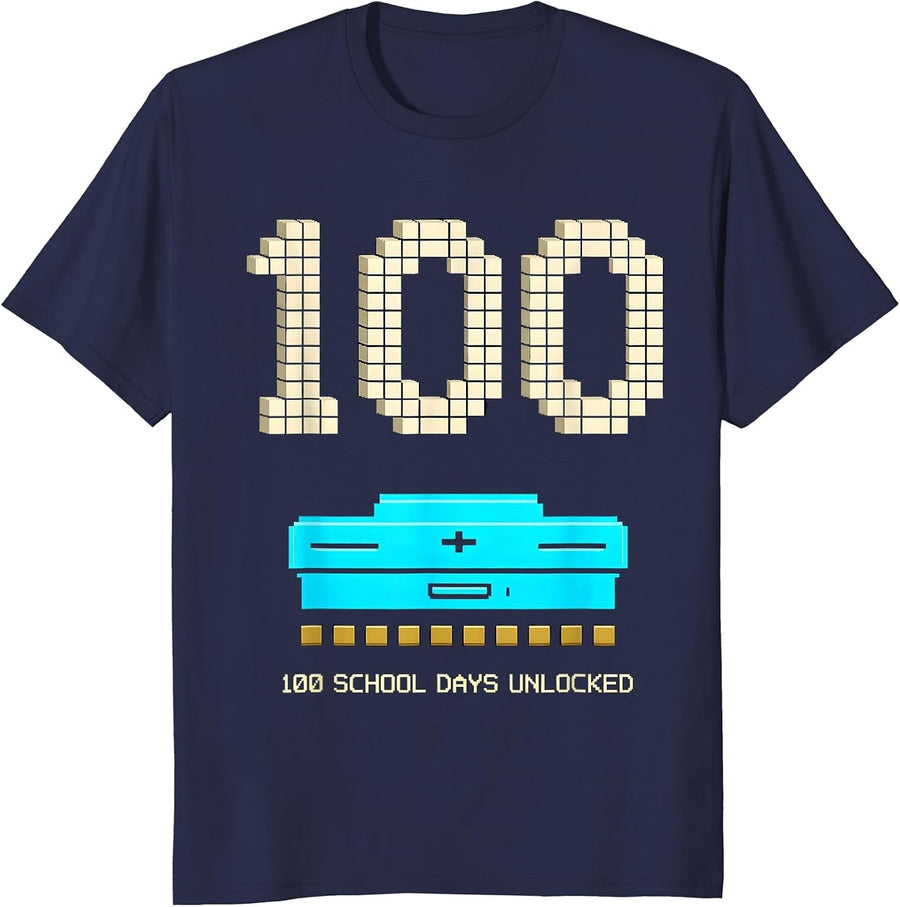 100 School Days Unlocked Pixel Art Gamer School Celebration T-Shirt - Navy Blue