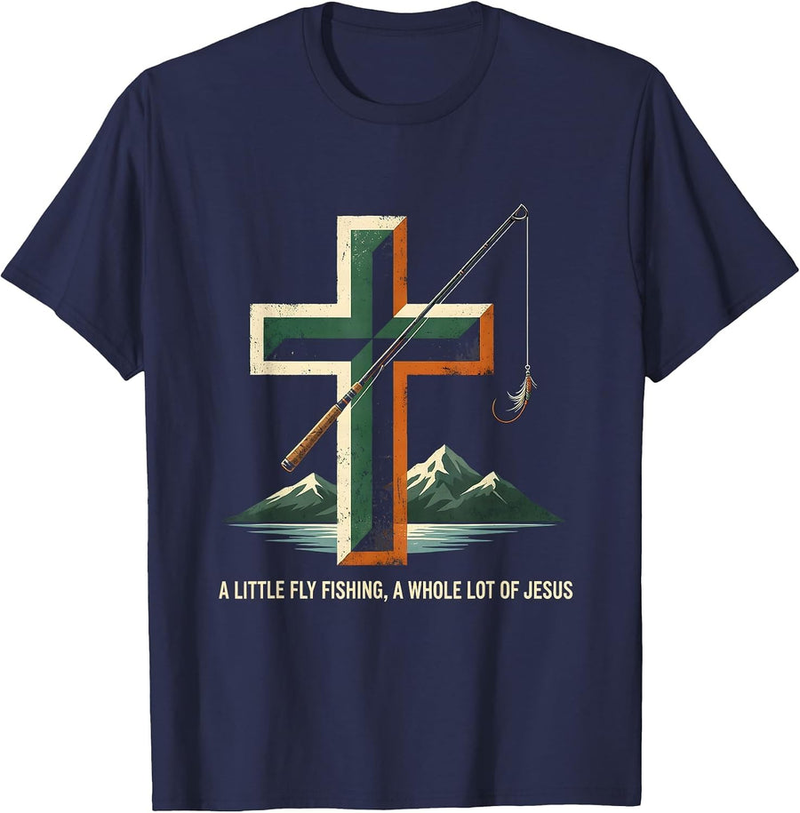 A Little Fly Fishing, A Whole Lot Of Jesus Christian Cross T-Shirt - Navy Blue
