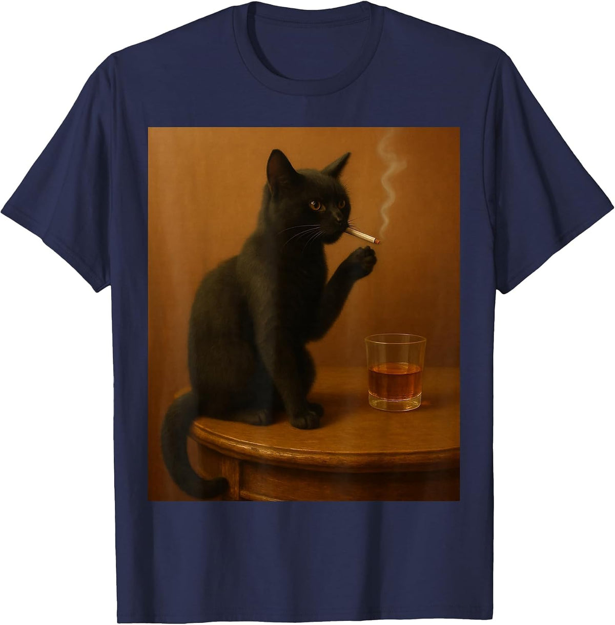 Vintage Black Cat Smoking a Cigarette Funny Cat T-Shirt - Navy Blue
