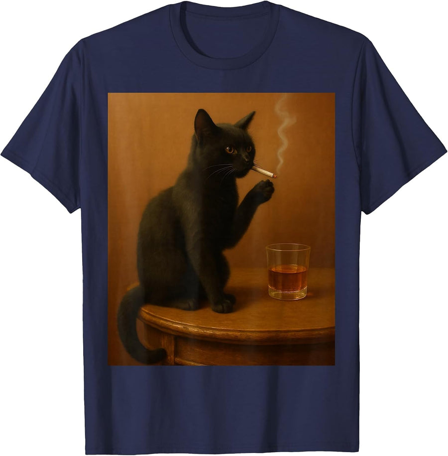 Vintage Black Cat Smoking a Cigarette Funny Cat T-Shirt - Navy Blue