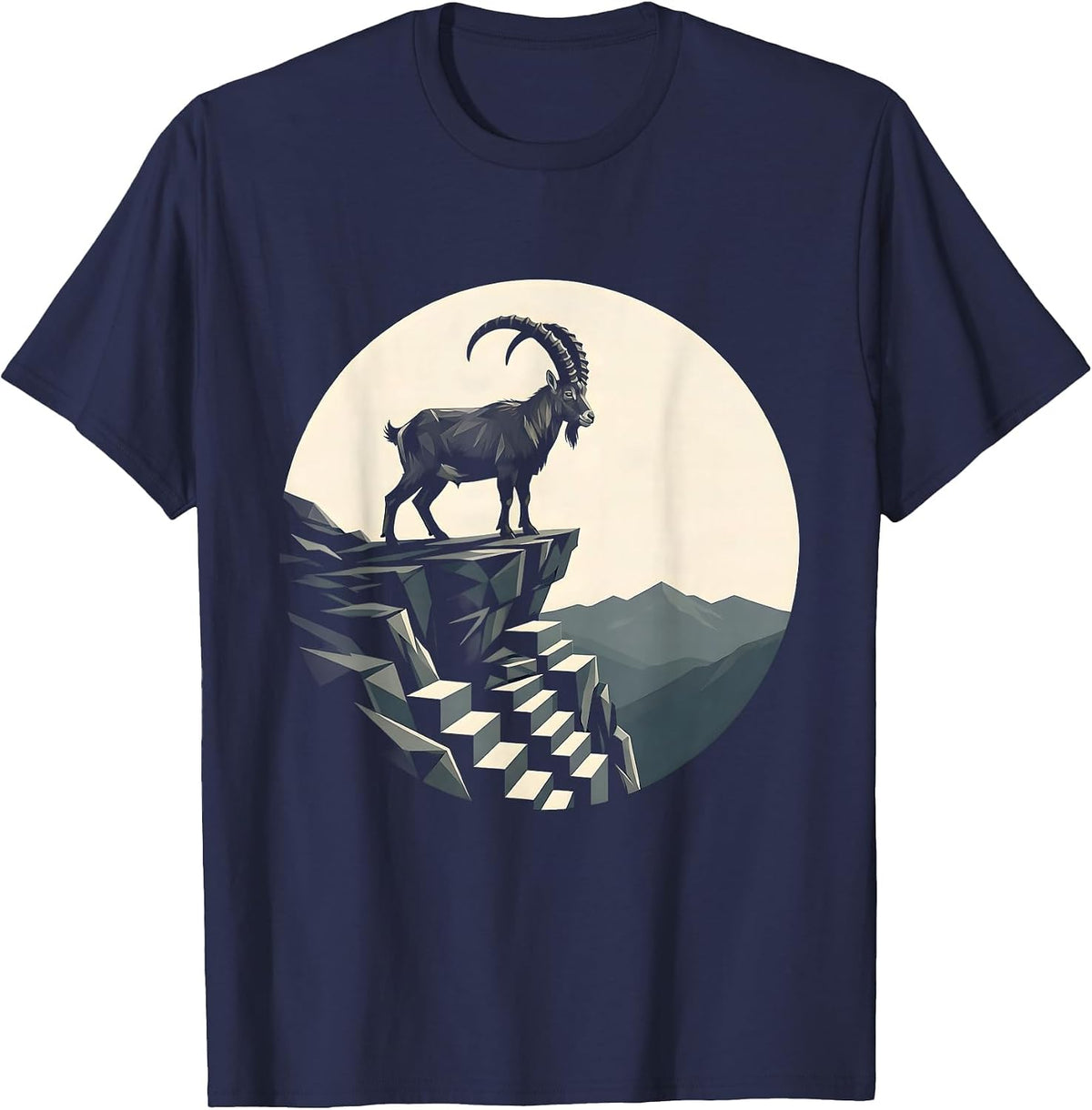 Men's Mountain Goat Rocky Cliff Edge Wildlife Illustration T-Shirt - Navy Blue