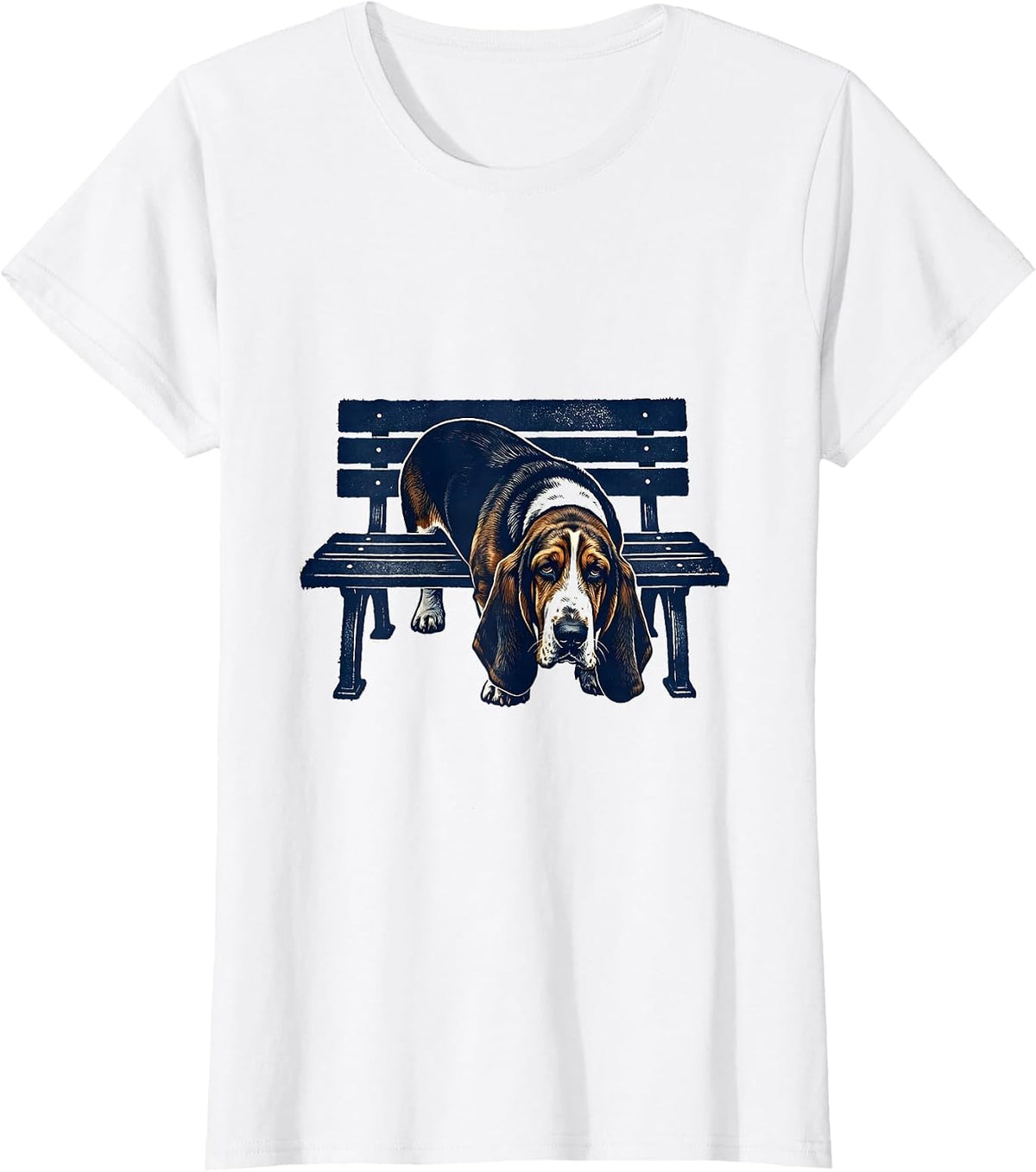 Basset Hound Under Bench Rubber Stamp Dog Lover Humor T-Shirt - White