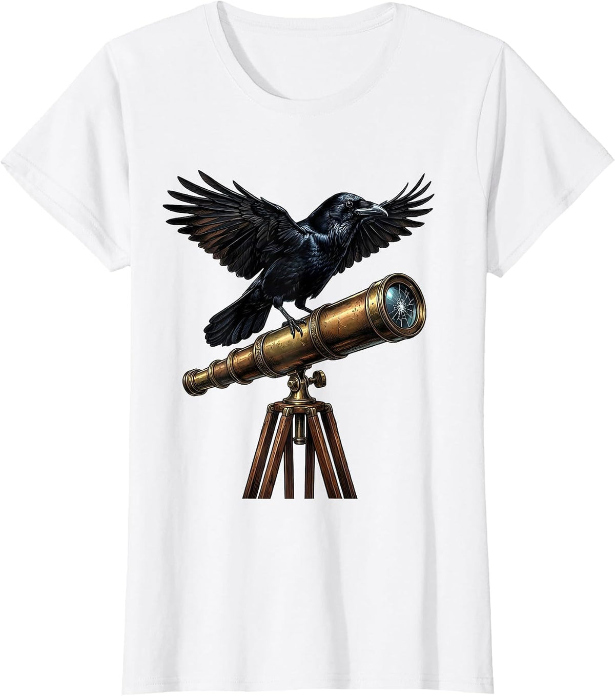 Crow Perched on Old Telescope Illustration T-Shirt - White