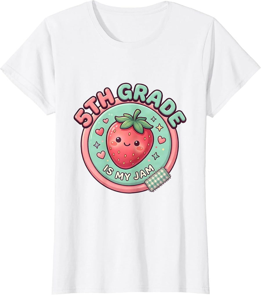 Women's 5th Grade Is My Jam Cute Kawaii Strawberry Teacher Student T-Shirt - White