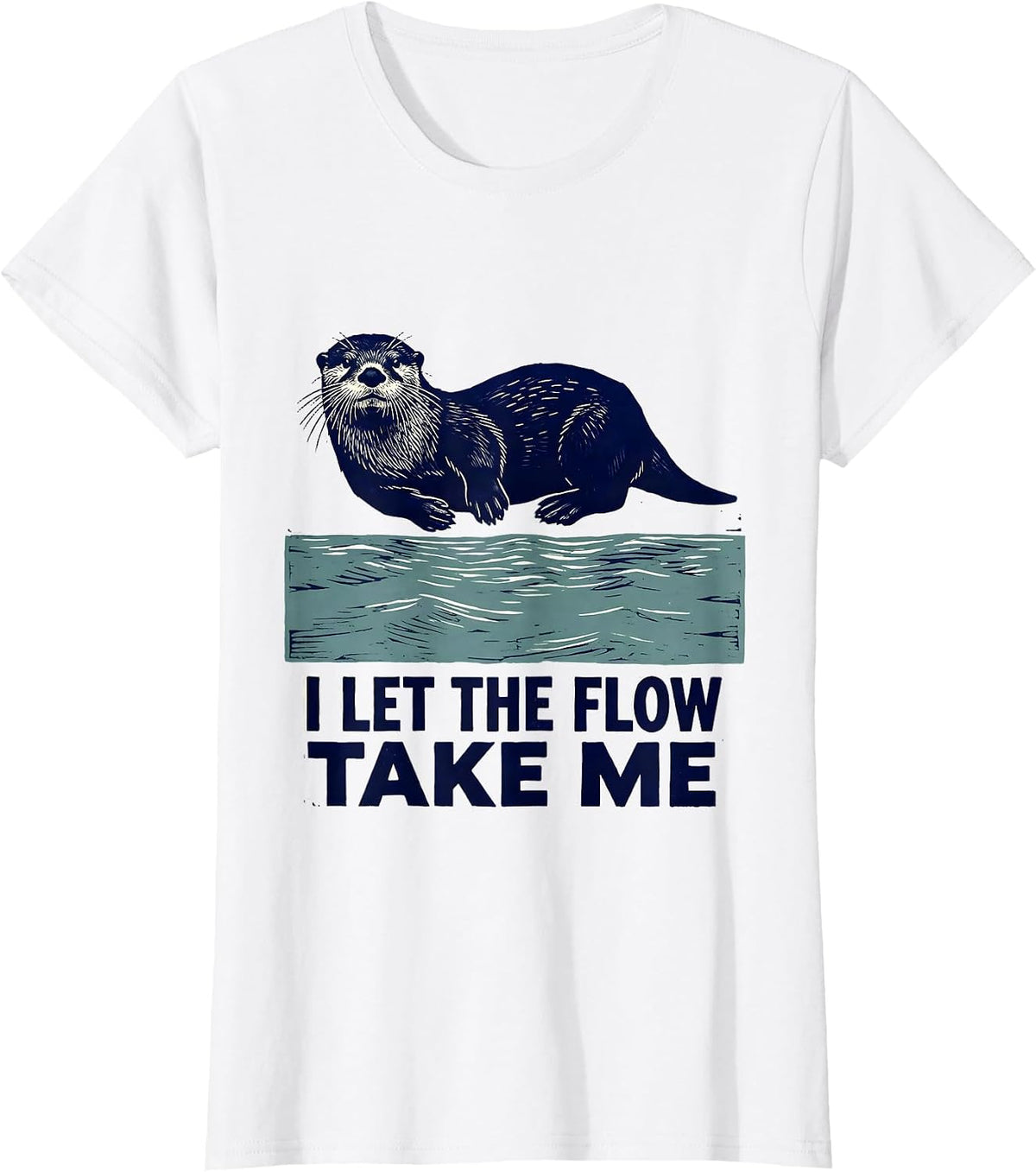 I Let The Flow Take Me Funny Otter Animal Lover Linocut T-Shirt - White