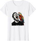 Women's Funny Parrot Mimicking Yawning Man on Shoulder T-Shirt - White