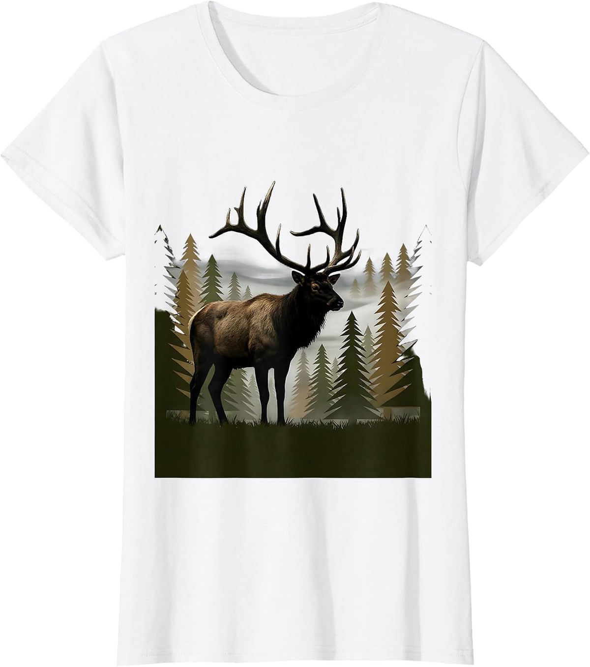 Elk in Misty Camo Woodland Illustration T-Shirt - White