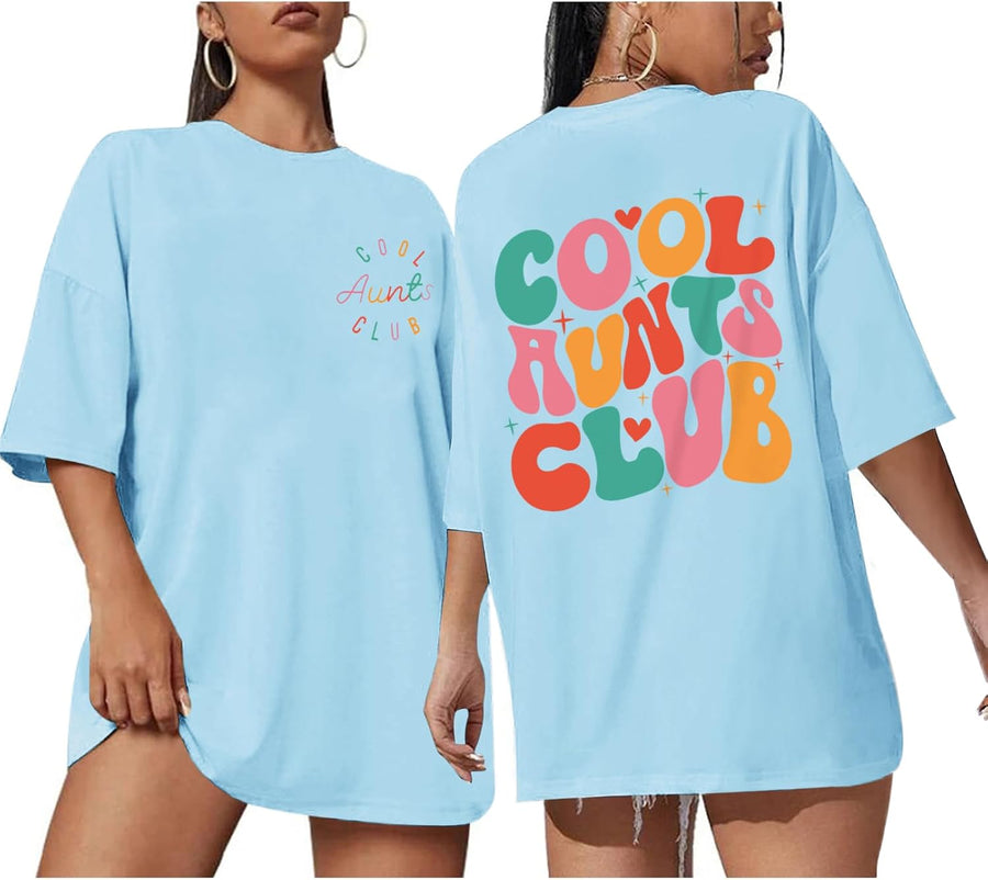 Aunt Shirt Cool Aunts Club T-Shirt for Women Auntie Oversized Graphic Shirts Funny Cute Heart Letter Print Tee Tops - Light
