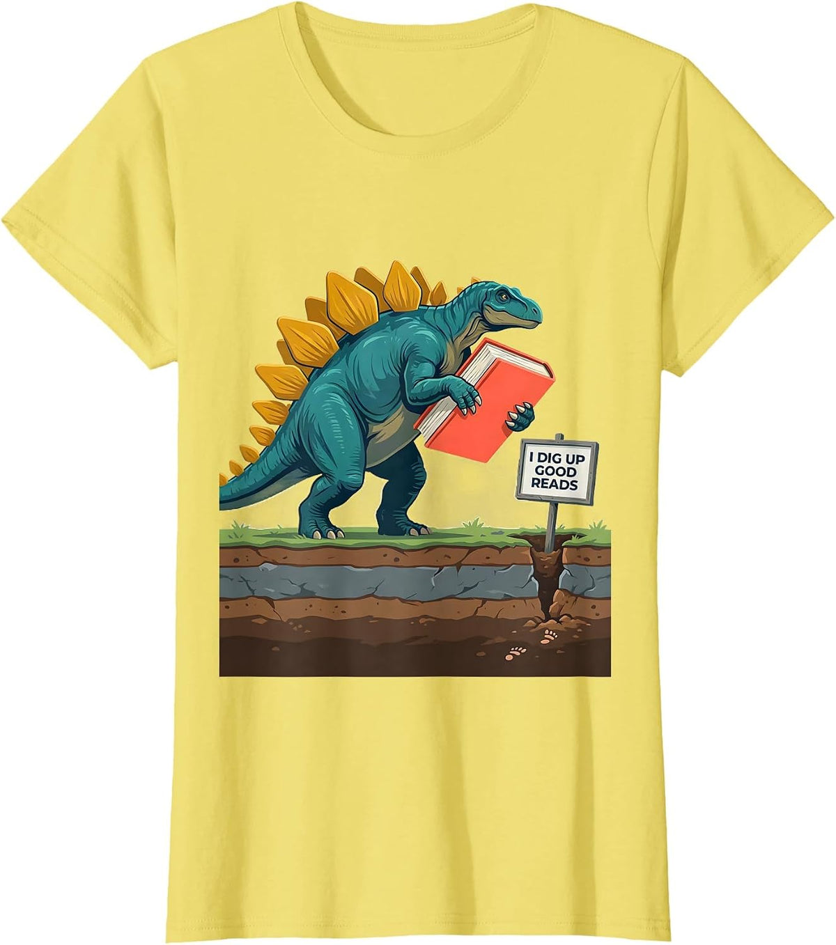 I Dig Up Good Reads Funny Dinosaur Bookworm Summer Reading T-Shirt - Lemon Yellow
