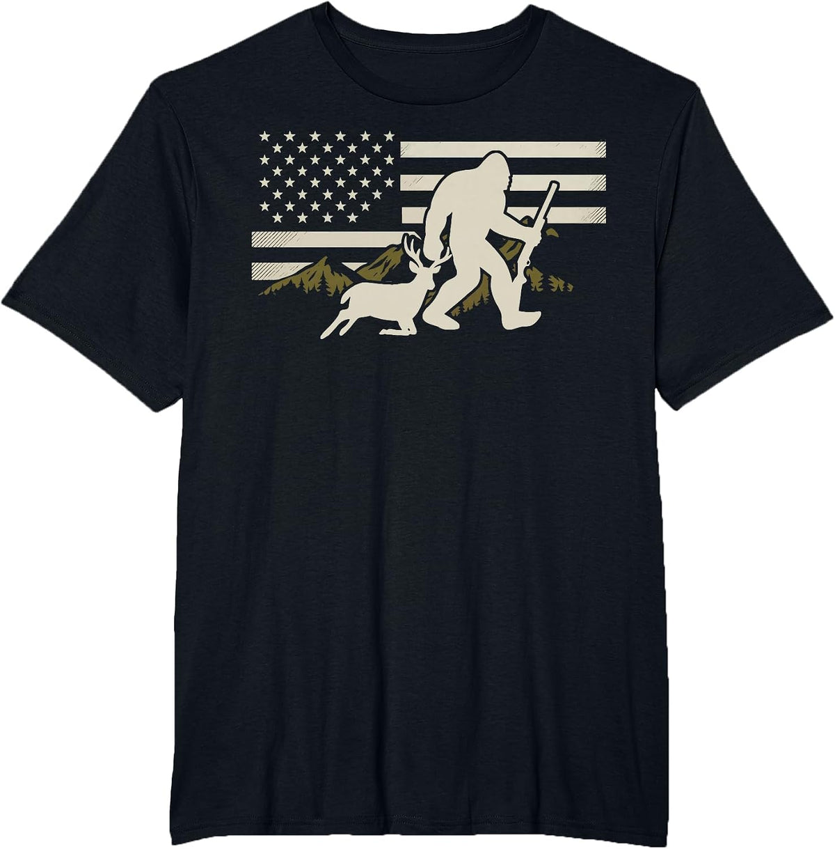 Bigfoot Deer Hunting USA Flag Deer Hunting Buck Season T-Shirt - Black