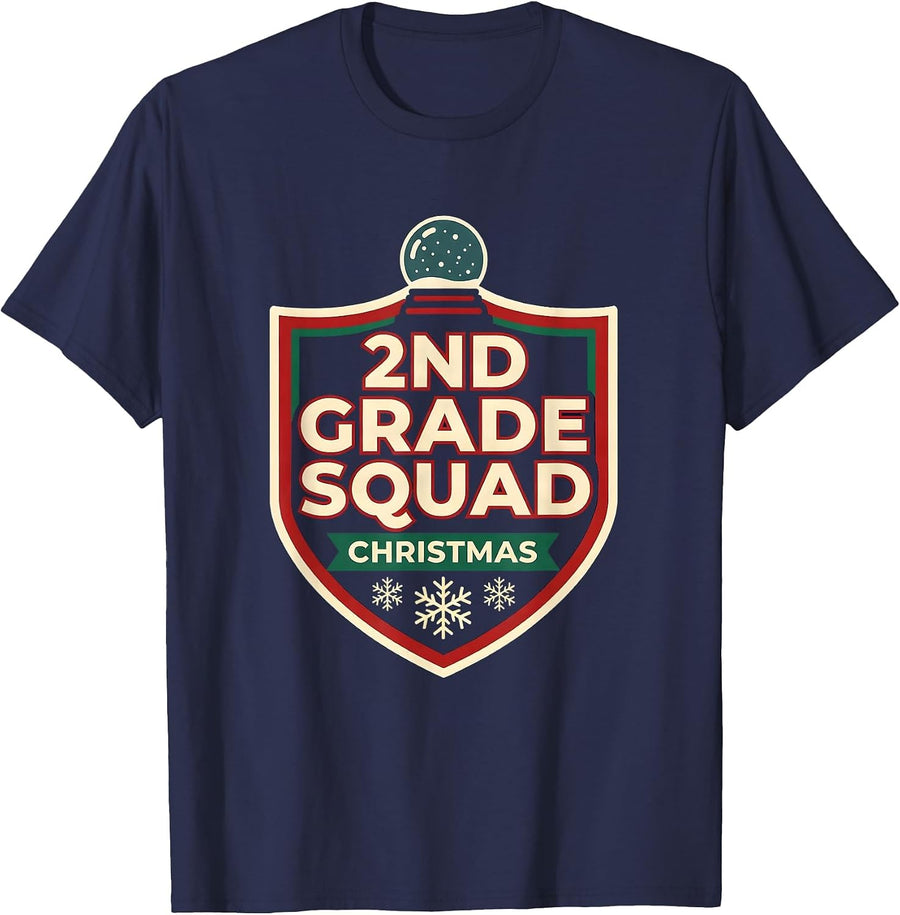 2nd Grade Squad Christmas Teacher Squad Holiday Spirit T-Shirt - Navy Blue