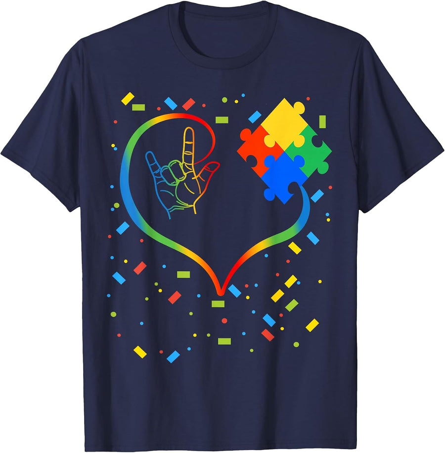 Autism Awareness Special Ed Teacher ASL Sign Language T-Shirt - Navy Blue
