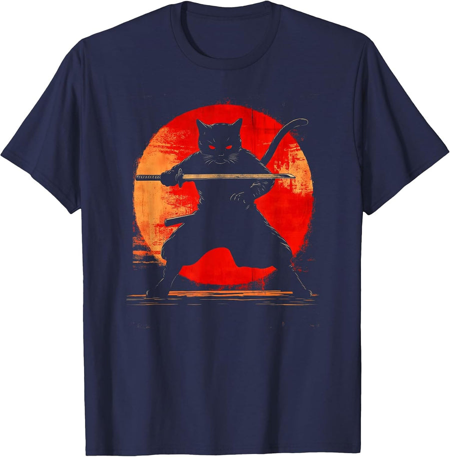 Black Samurai Cat Graphic Tee Katana Art Japanese Anime T-Shirt - Navy Blue