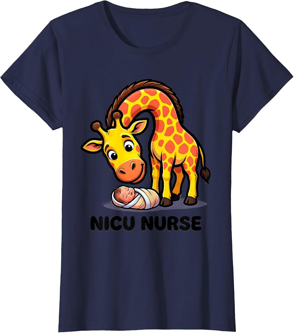 Women's NICU Nurse Cute Giraffe Cartoon Pediatric Nurse Practitioner T-Shirt - Navy Blue