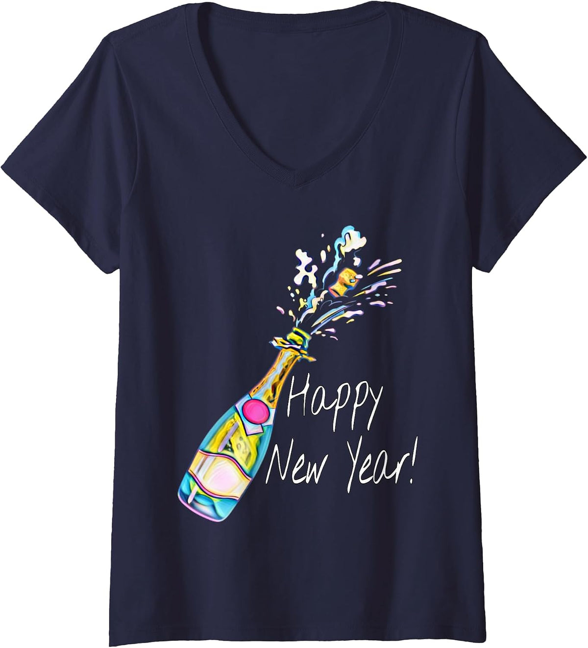 Women's Happy New Years Eve Tops for Women & Men - 2025 New Years V-Neck T-Shirt - Navy Blue