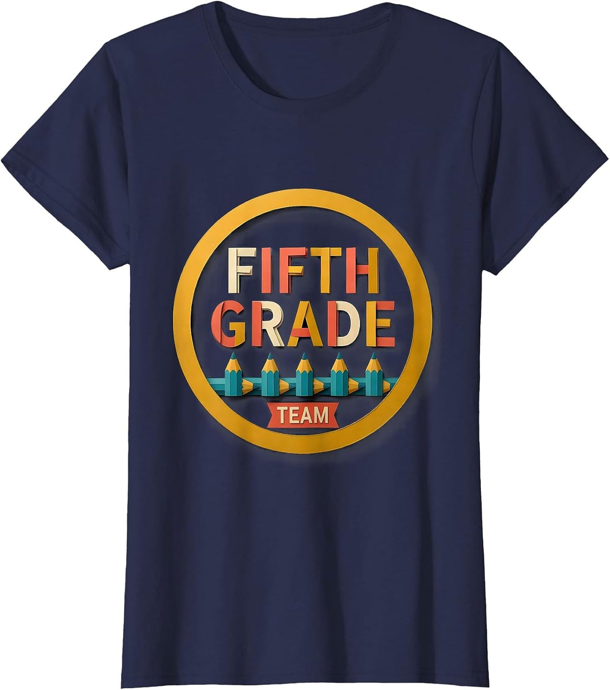 Women's Fifth Grade Team Paper Cutout Teacher Crew Back To School T-Shirt - Navy Blue