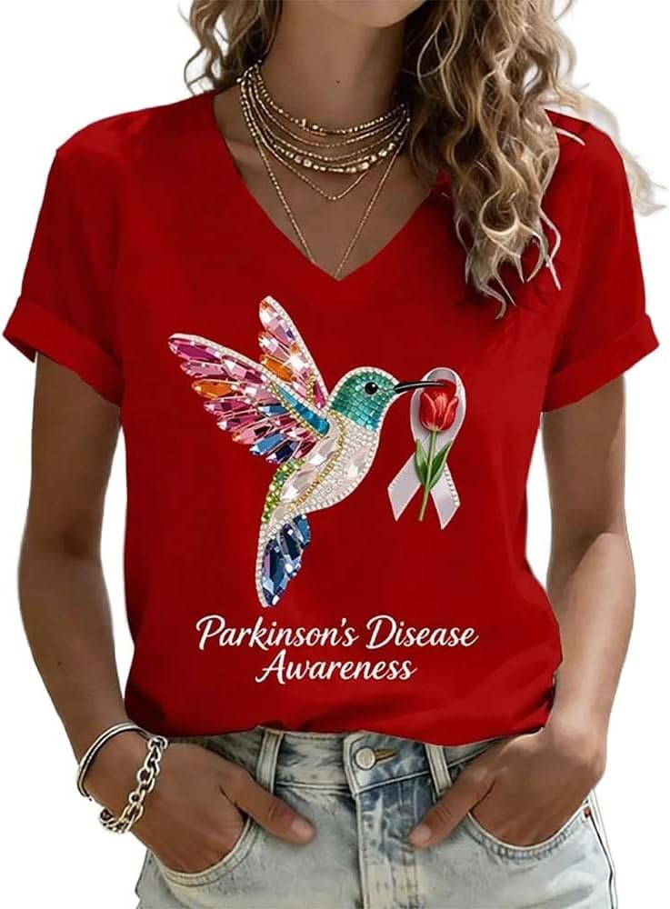Women's Parkinson's Disease Awareness Print V Neck T-Shirt Hummingbird Red Tulip Ribbon Shirt Parkinson's T - Red