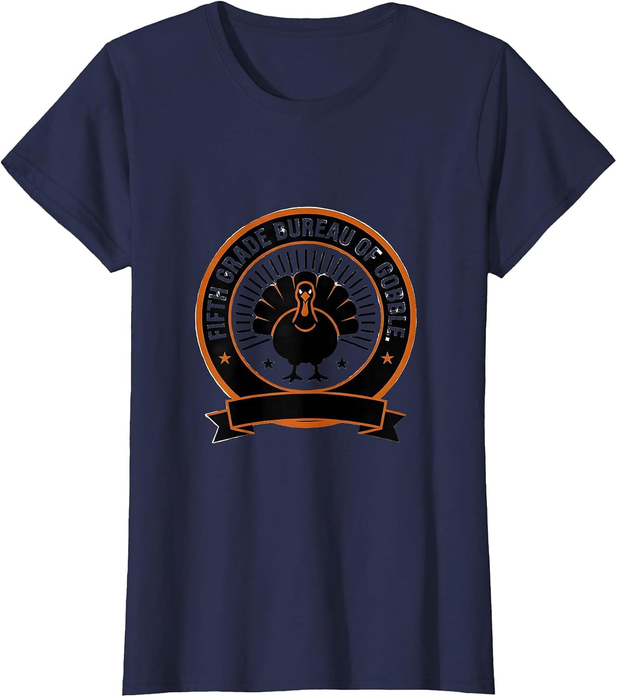 Women's Fifth Grade Bureau of Gobble Teacher Team Thanksgiving Crew T-Shirt - Navy Blue