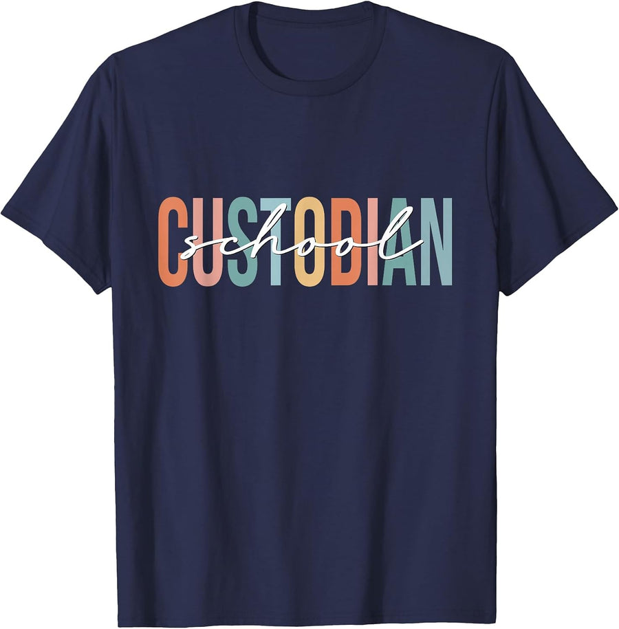 Boho Retro Vintage School Custodian Back to School T-Shirt - Navy Blue