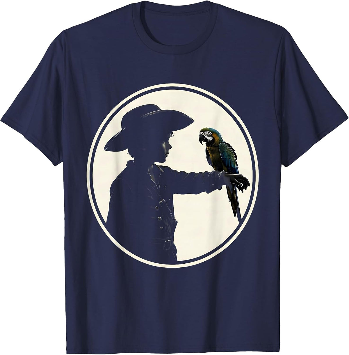 Boy Pirate Feeding a Parrot Cute Pirate Design T-Shirt - Navy Blue