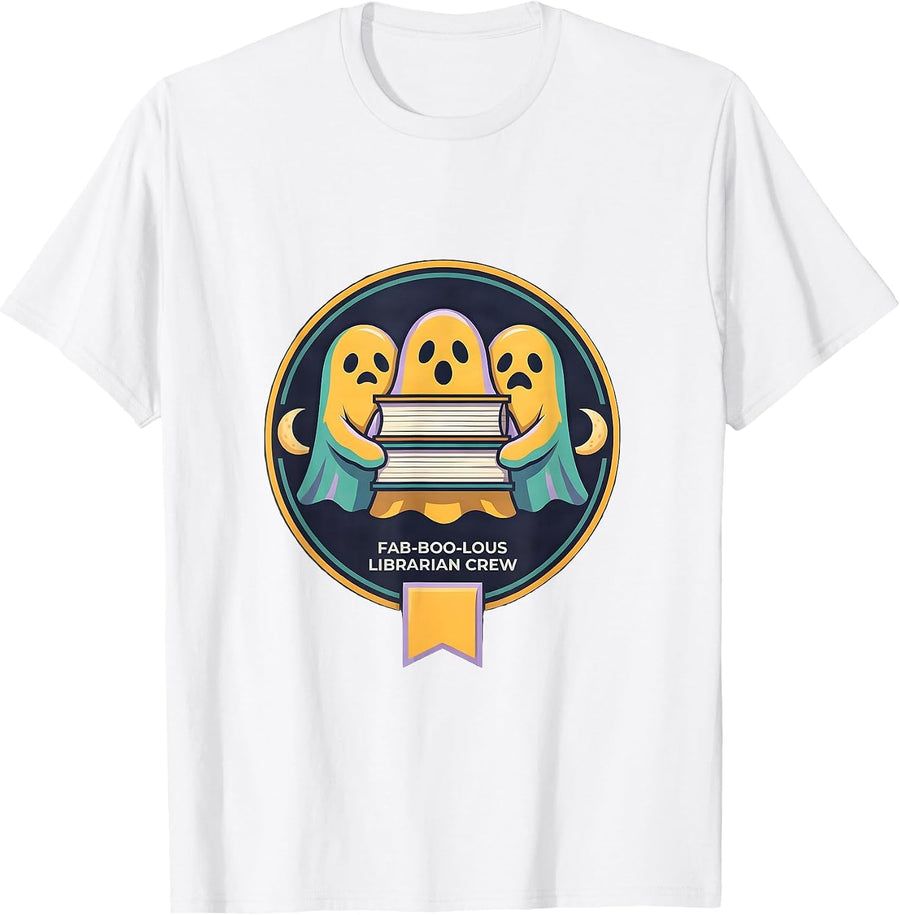 Men's Fab-Boo-Lous Librarian Crew Funny Ghost Halloween Costume T-Shirt - White