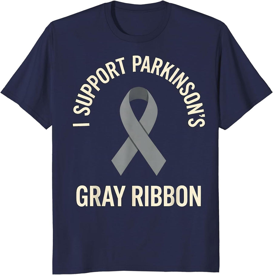 I Support Parkinson's Gray Ribbon Disease Awareness Support T-Shirt - Navy Blue
