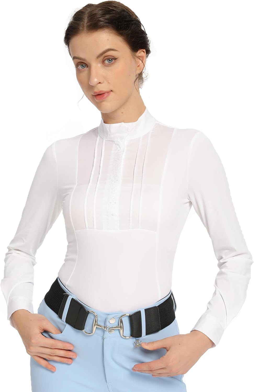 Harrison Howard Women's Equestrian Show Shirt, Long Sleeve Horse Riding Top - White