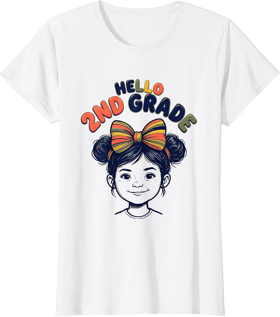 Women's Hello 2nd Grade Messy Bun Girl Back To School Teacher T-Shirt - White