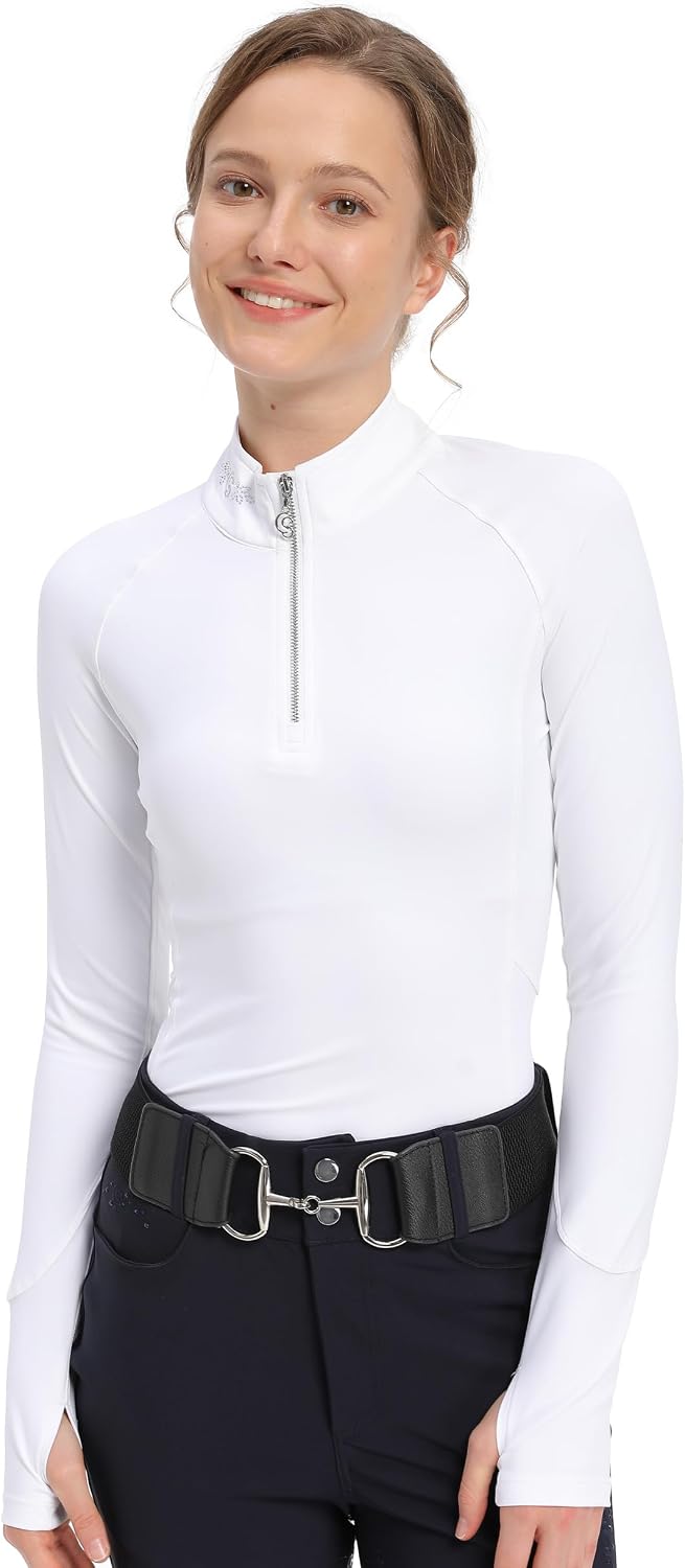 Long Sleeve Equestrian Shirts for Women, Horseback Riding Shirt - White