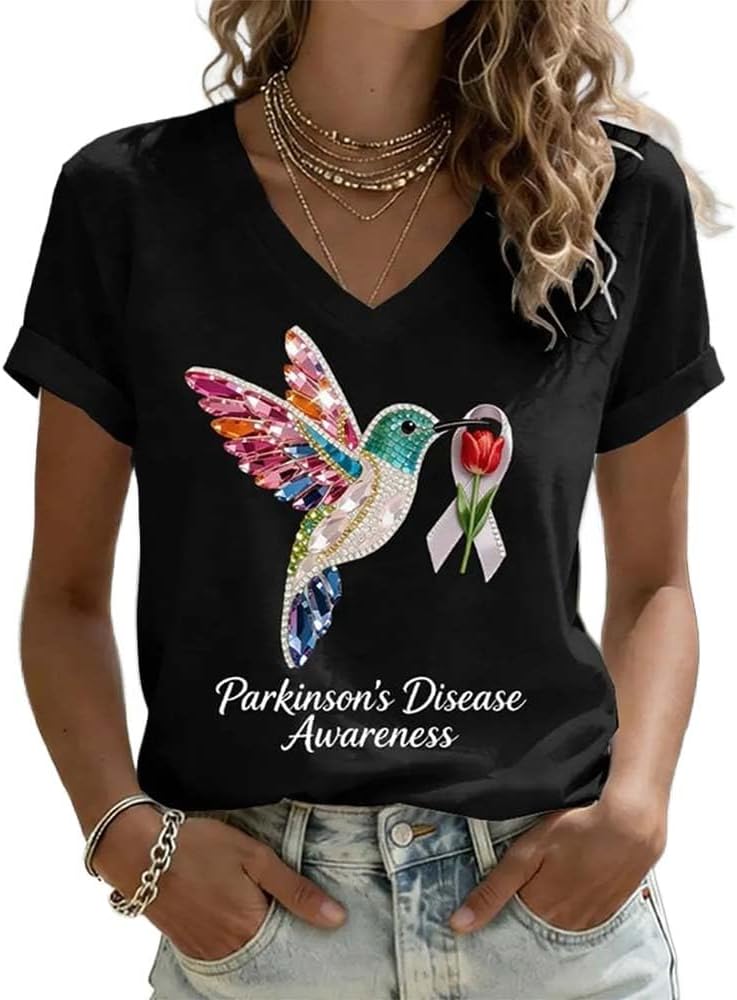 Women's Parkinson's Disease Awareness Print V Neck T-Shirt Hummingbird Red Tulip Ribbon Shirt Parkinson's T - Black