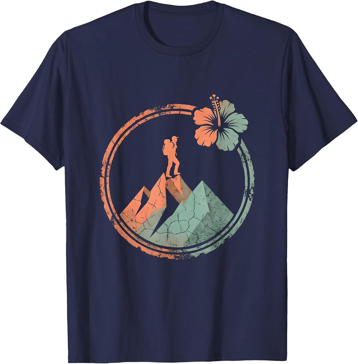 Lone Hiker Mountain Ridge Silhouette Outdoor Tee T-Shirt - Navy Blue