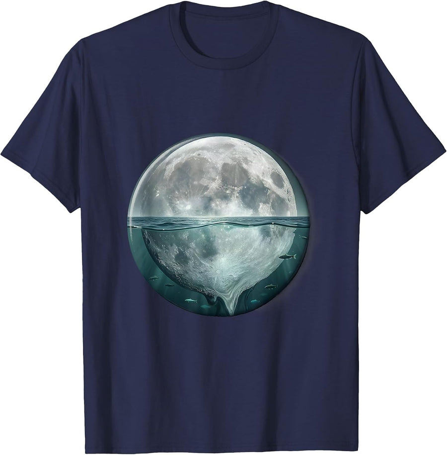 Half Moon Submerged in Dark Ocean Waters T-Shirt - Navy Blue