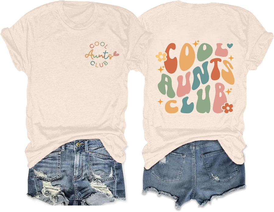 Aunt Shirts for Women Cool Aunts Club T-Shirt Auntie Letter Print Tee Casual Short Sleeves Tops - Beige