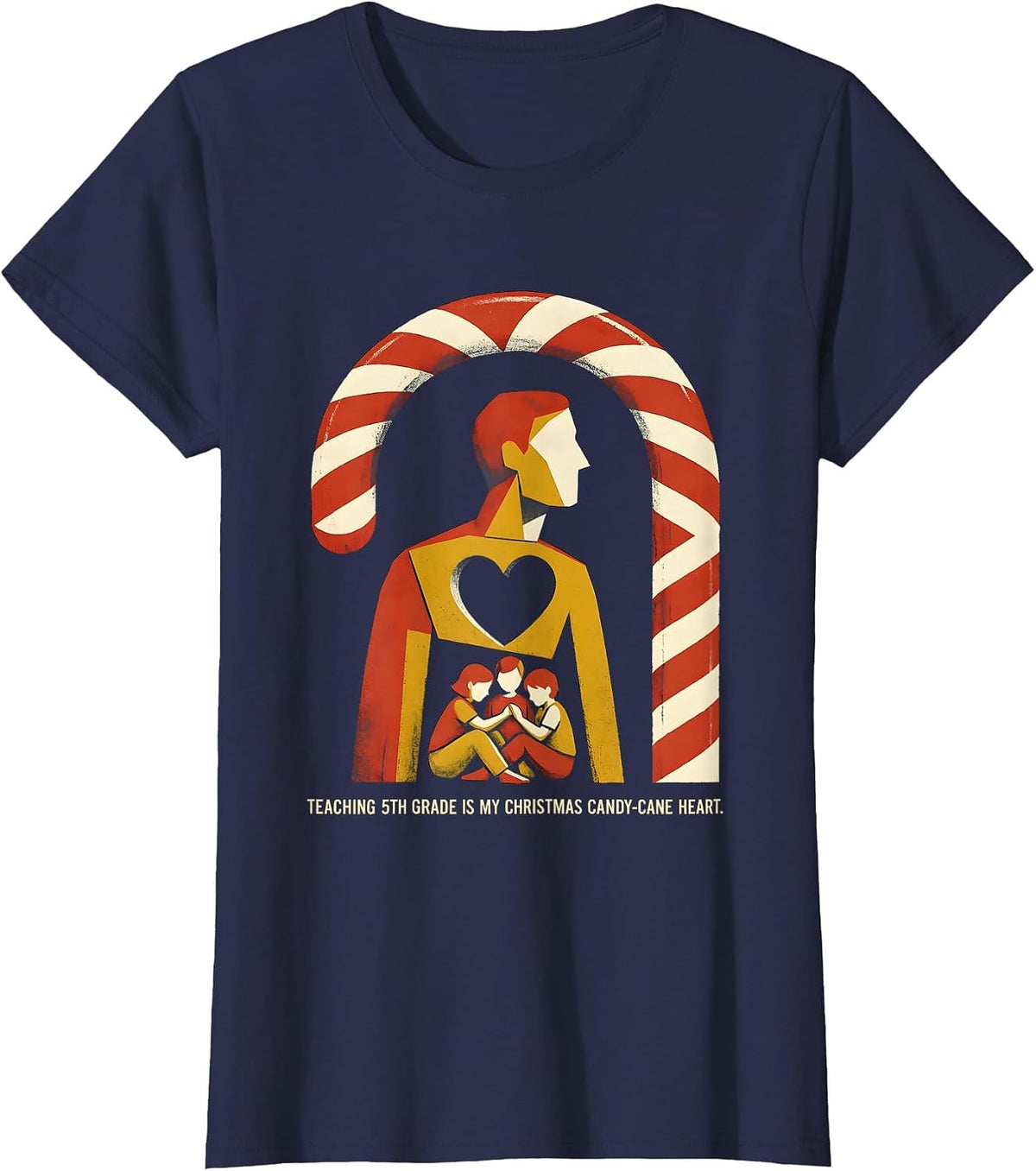 Women's Teaching 5th Grade Is My Christmas Candy-Cane Heart Teacher T-Shirt - Navy Blue