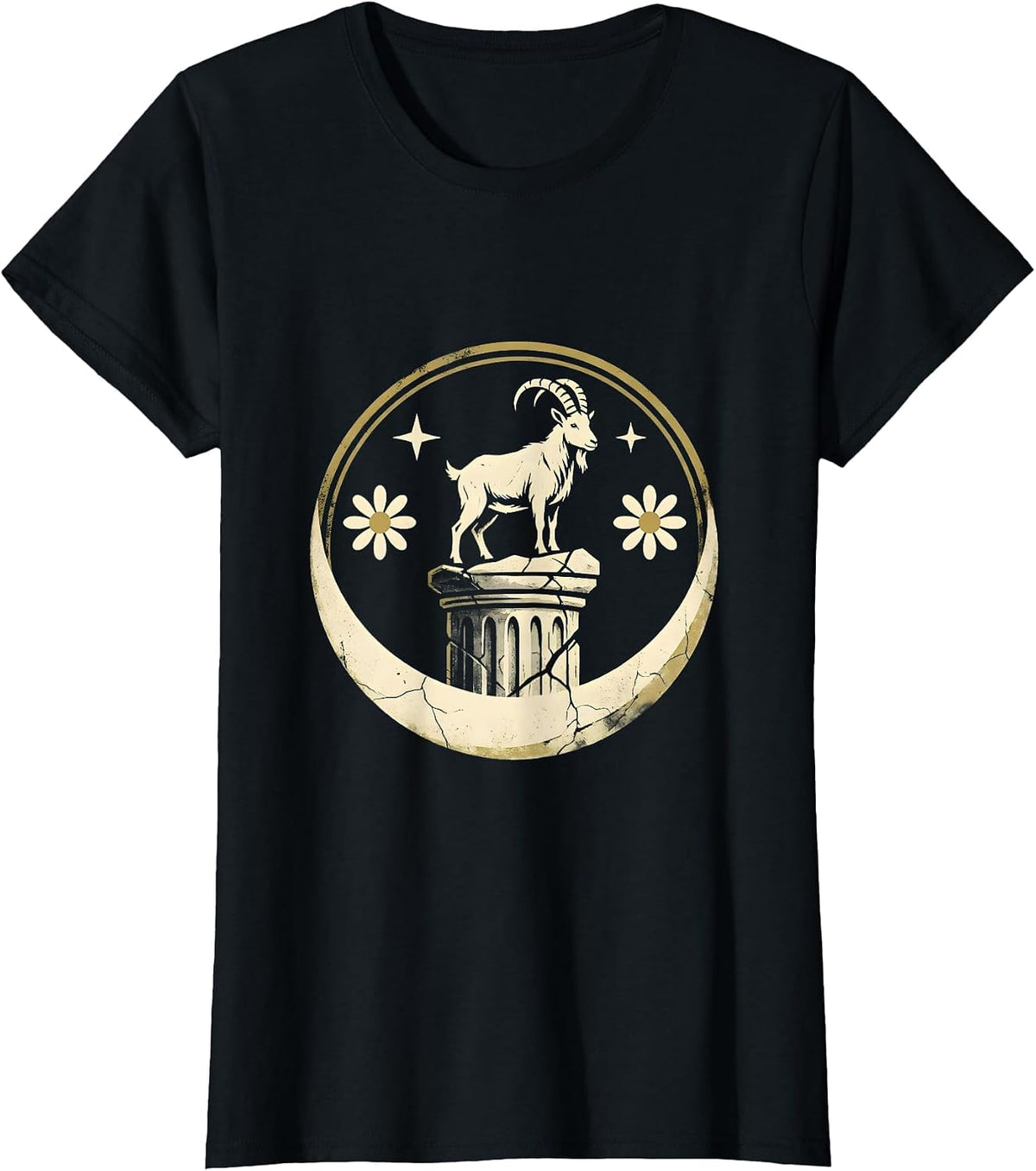 Capricorn Lone Goat Ancient Pillar Zodiac Art T-Shirt - Black