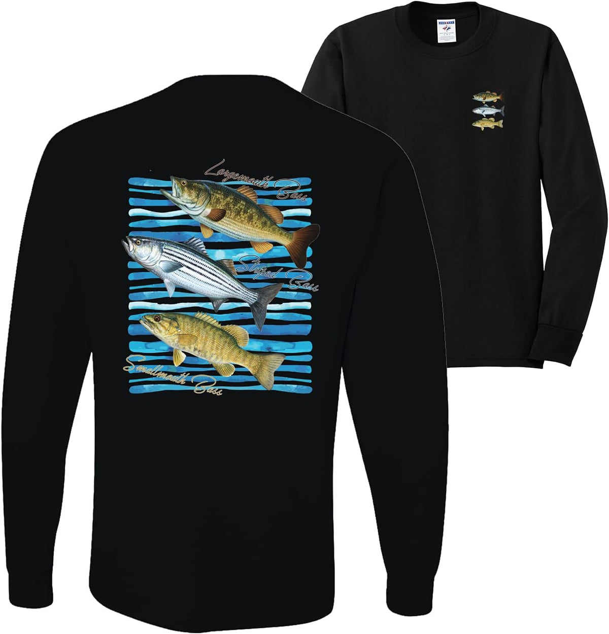 Largemouth Striped Smallmouth Big Bass Fish Fishing Front and Back Mens Long Sleeve Shirt - Black