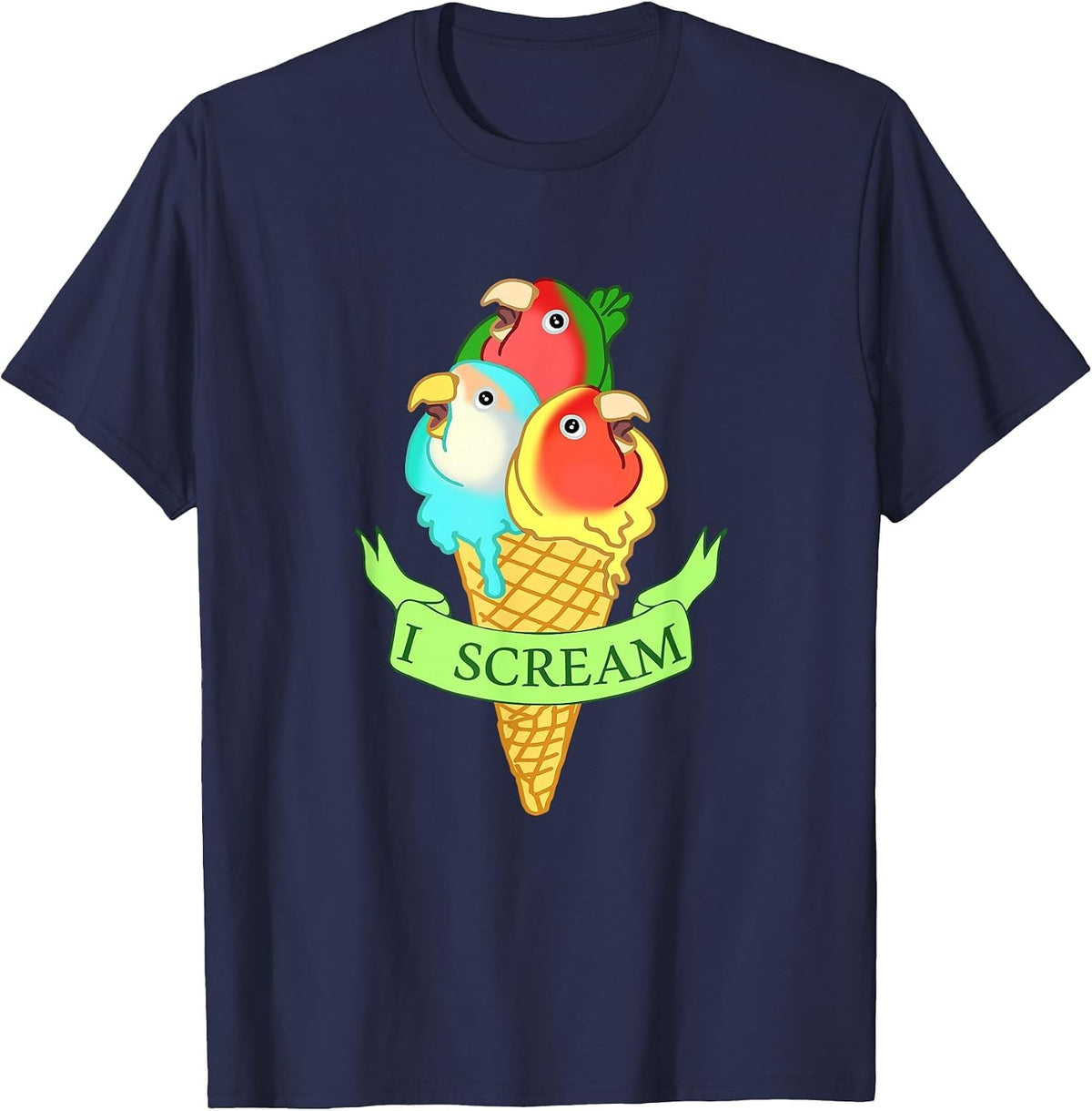 Cute Ice Cream Lovebirds T-Shirt, Funny I Scream Parrots T-Shirt - Navy Blue
