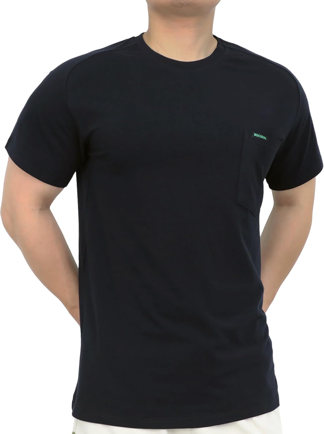 BOCOMAL Non FR - Men's Work Shirts Crewneck Tees Stretch-Cotton Relaxed Fit - Heather Black-short Sleeve