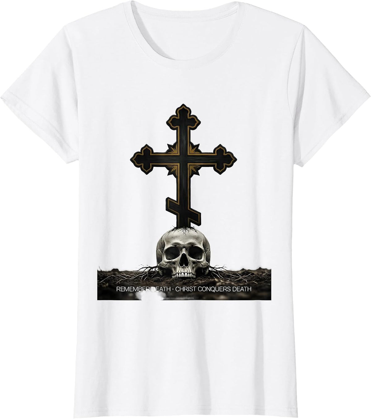 Remember Death Christ Conquers Death Eastern Orthodox Cross T-Shirt - White